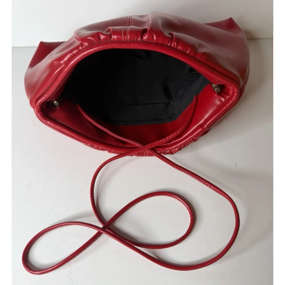Red Ruched Faux Leather Shoulder Bag Clutch Purse Push Bar Evening Statement Y2K